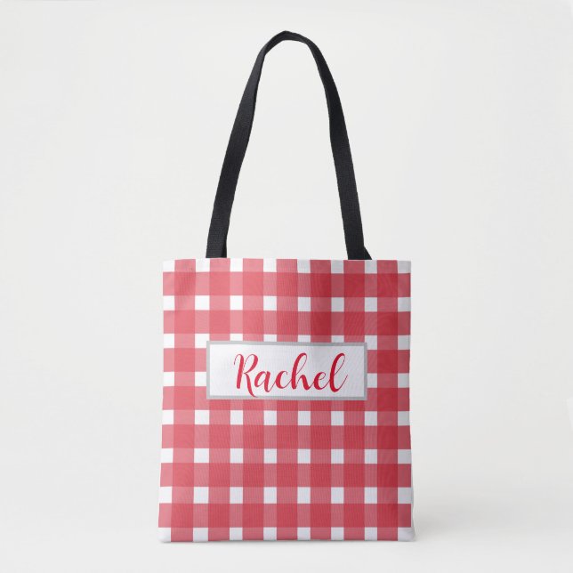 Red White Gingham Personalized Tote Bag (Front)