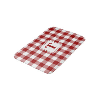 Red White Gingham Plaid Pattern with Monogram Bath Mat