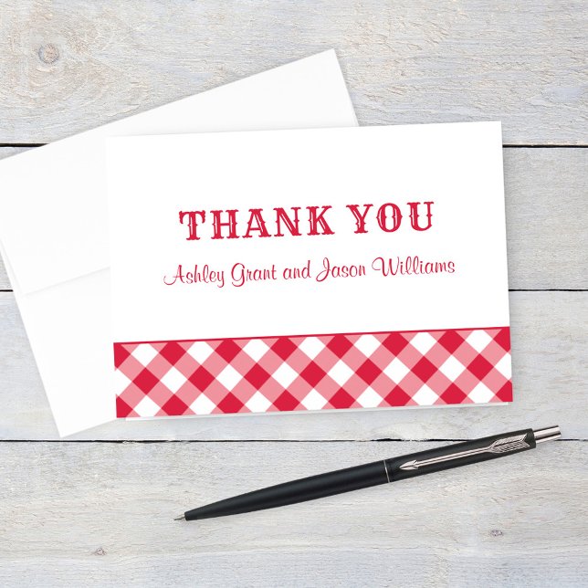 Red White Gingham Plaid Wedding Monogram Letterpress Thank You Card (Creator Uploaded)
