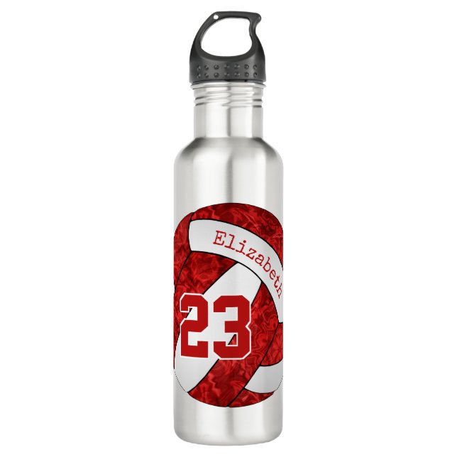 Red white girls' volleyball team colors custom stainless steel water bottle (Front)