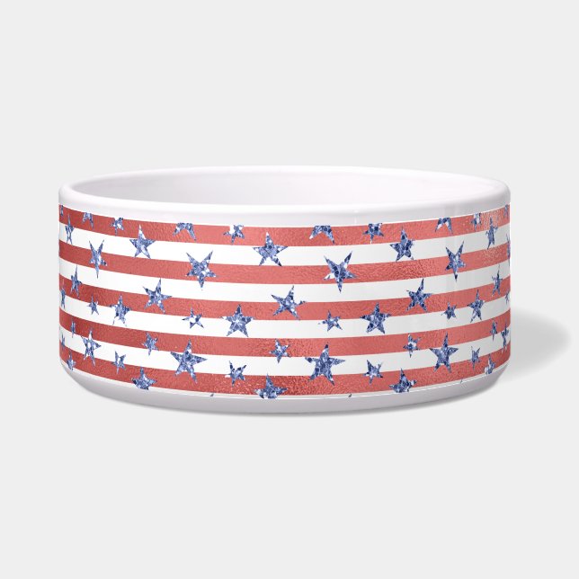 Red White Glitter Blue Stars Stripes Bowl (Front)