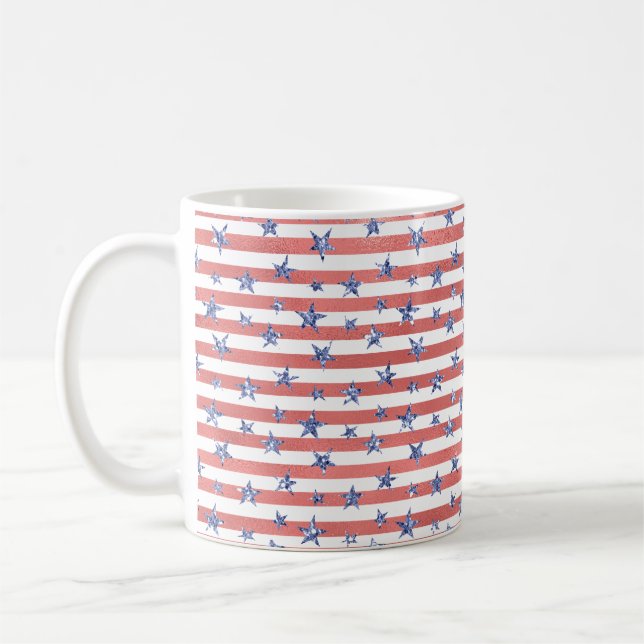 Red White Glitter Blue Stars Stripes Coffee Mug (Left)