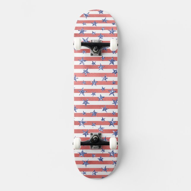 Red White Glitter Blue Stars Stripes Skateboard (Front)