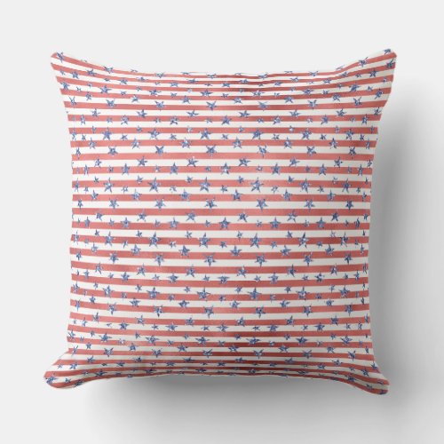 Red White Glitter Blue Stars Stripes Throw Pillow