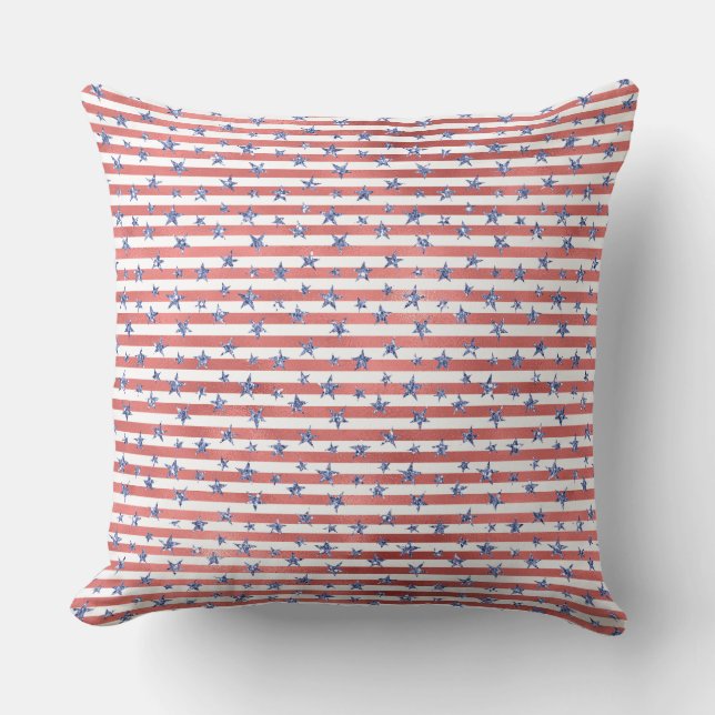 Red White Glitter Blue Stars Stripes Throw Pillow (Front)