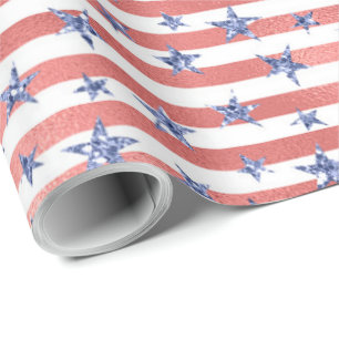 Red White Glitter Blue Stars Stripes Wrapping Paper