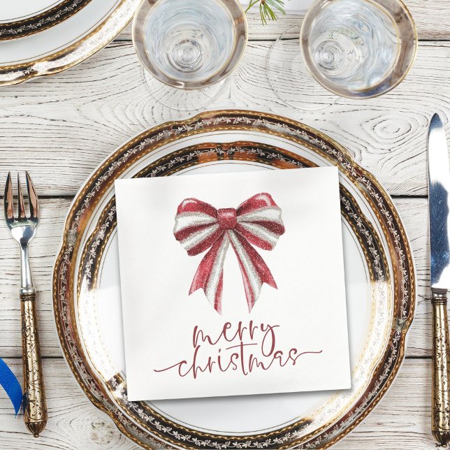 Red White Glitter Bow Merry Christmas Napkins (Creator Uploaded)