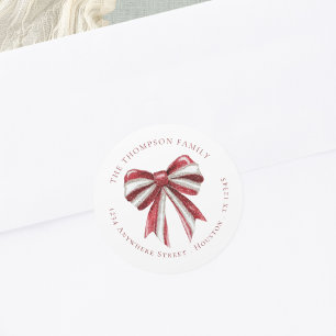 Red White Glitter Coquette Bow Return Name Address Classic Round Sticker
