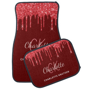 Red white glitter drips monogram name script car floor mat