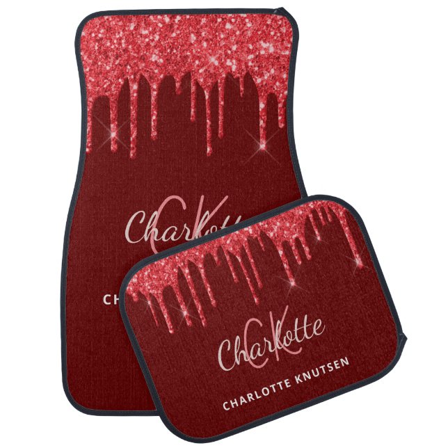 Red white glitter drips monogram name script car floor mat (Set)