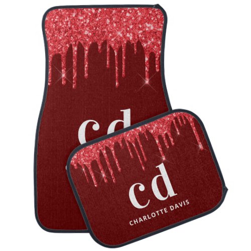 Red white glitter drips name monogram initials car floor mat