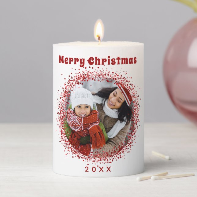 Red white glitter family photo pillar candle (In Situ)