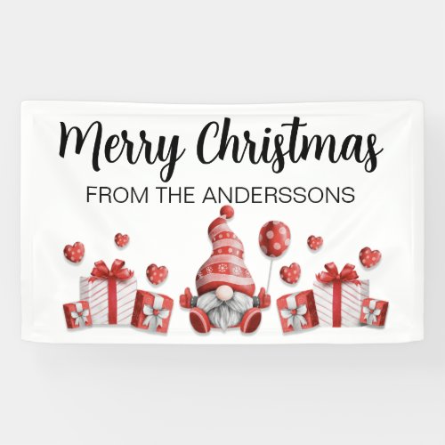 Red White Gnomes Gifts Merry Christmas Family Name Banner