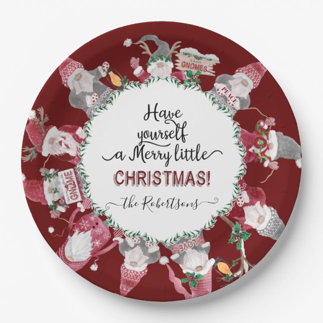 Red White Gnomes Merry Little Christmas Snowflakes Paper Plates (Front)