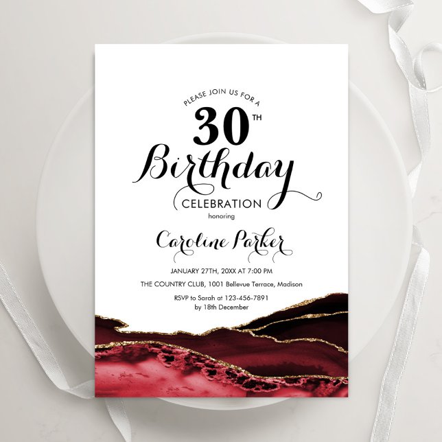 Red White Gold Agate 30th Birthday Invitation (Creator Uploaded)
