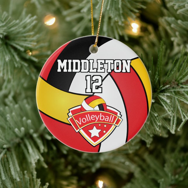 Red, White, Gold and Black Volleyball Ceramic Ornament (Tree)
