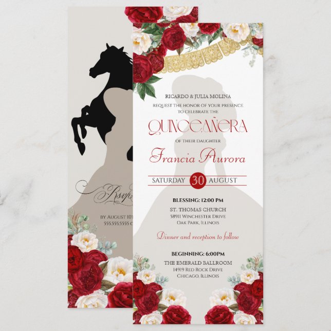 Red White Gold Blooms Papel Picado Charro Quince I Invitation (Front/Back)