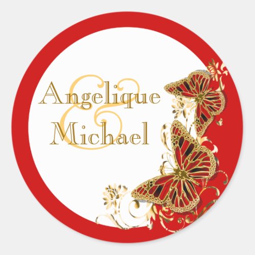 Red white gold butterfly wedding classic round sticker