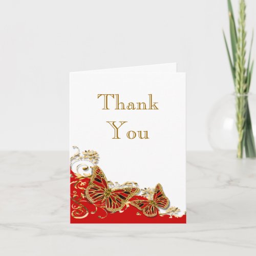 Red white gold butterfly wedding thank you card