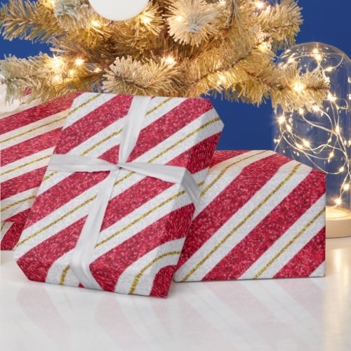 Red White  Gold Diagonal Stripe Holiday Glitter Wrapping Paper
