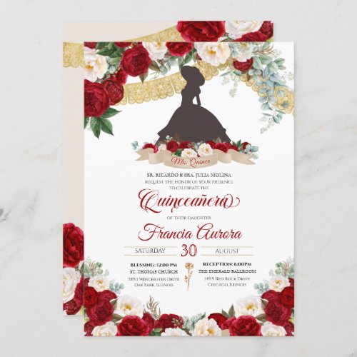 Red White Gold Elegant Floral Charro Quinceanera I Invitation