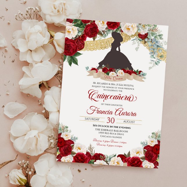 Red White Gold Elegant Floral Charro Quinceanera Invitation