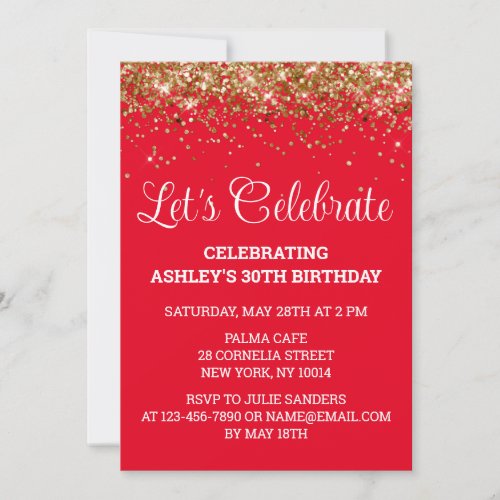 Red White Gold Glitter 30th Birthday Party Thirty Invitation