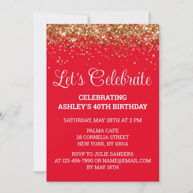 Red White & Gold Glitter 40th Birthday Party Forty Invitation (Front)