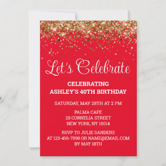 Red White & Gold Glitter 40th Birthday Party Forty Invitation