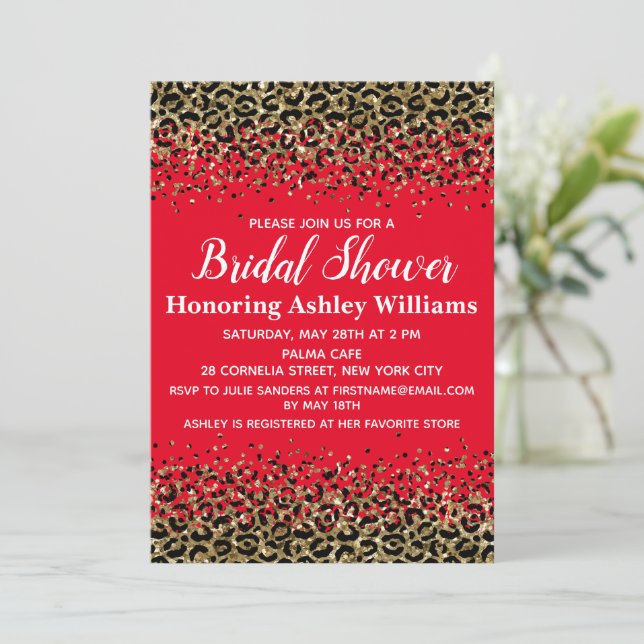 Red White Gold Lovely Girly Leopard Bridal Shower Invitation (Standing Front)
