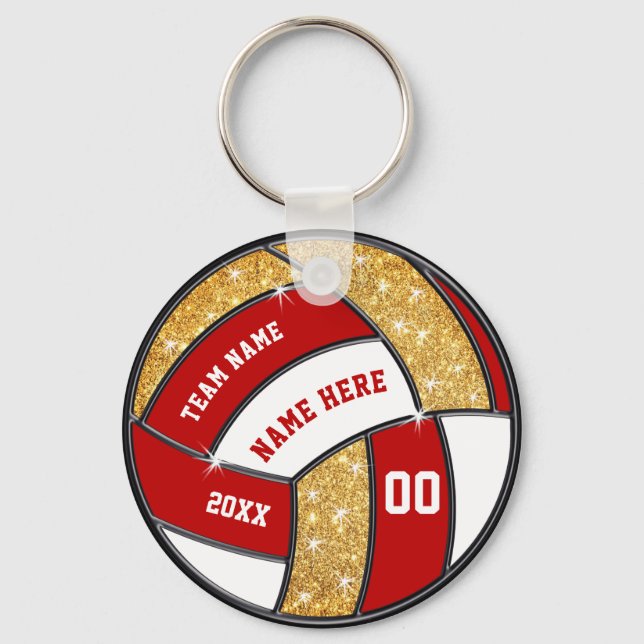 Red, White, Gold Personalized Volleyball Keychains (Front)
