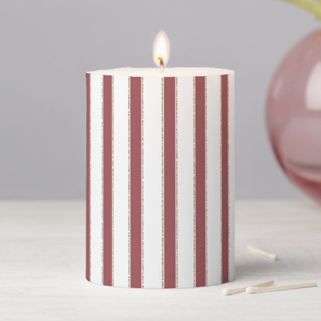Red White Gold Stripes Christmas Pillar Candle (In Situ)