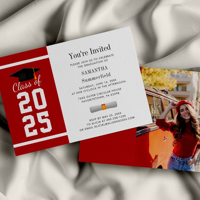 Red White Grad Photo Graduation 2025 Invitation (Graduation 2025 Photo Red and White Party Invitation)