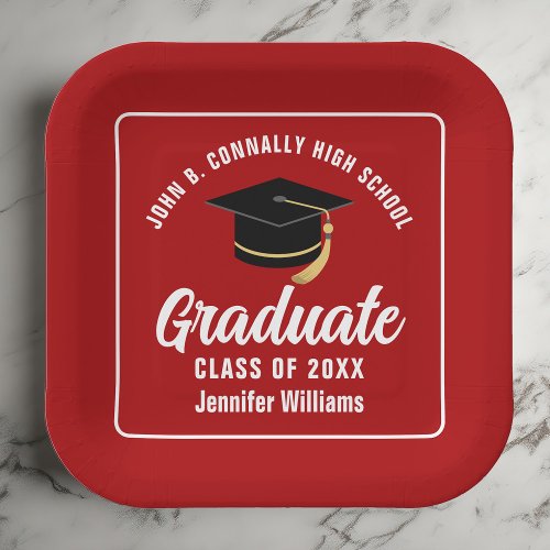 Red White Graduate 2024 Graduation Party Square Paper Plates