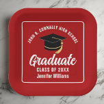 Red White Graduate 2025 Graduation Party Square Paper Plates<br><div class="desc">This modern red and white custom graduation party paper plate features classy typography of your high school or college name for the class of 2025. Customize with your graduating year under the chic handwritten script and black grad cap for great personalized graduate decor.</div>