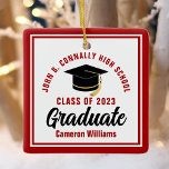 Red White Graduate 2026 Personalized Christmas Ceramic Ornament<br><div class="desc">This modern red and white custom graduate Christmas ornament feature classy typography of your university or college name for the class of 2026. Customize with your graduating year next to the chic handwritten script and black grad cap for a great personalized congratulations graduation gift.</div>
