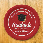 Red White Graduate Custom 2024 Graduation Party Paper Plates<br><div class="desc">This modern red and white custom graduation party paper plate features classy typography of your high school or college name for the class of 2024. Customize with your graduating year under the chic handwritten script and black grad cap for great personalized graduate decor.</div>