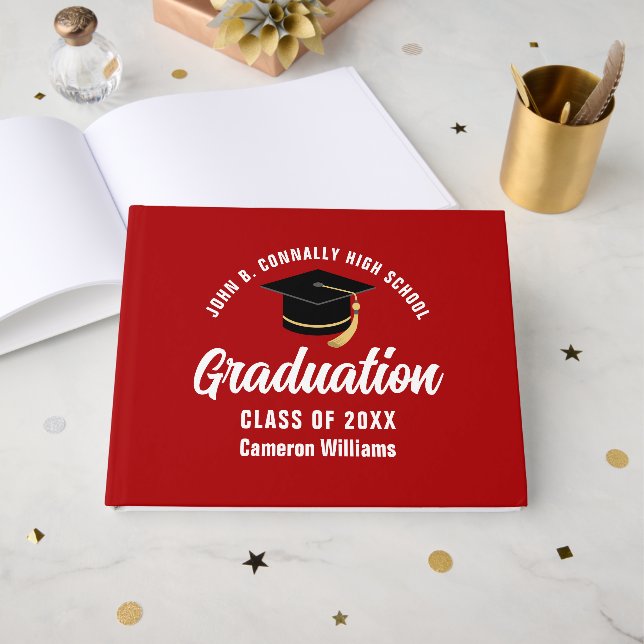 Red White Graduate Custom 2025 Graduation Party Guest Book (Front Open)