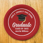 Red White Graduate Custom 2026 Graduation Party Paper Plates<br><div class="desc">This modern red and white custom graduation party paper plate features classy typography of your high school or college name for the class of 2026. Customize with your graduating year under the chic handwritten script and black grad cap for great personalized graduate decor.</div>