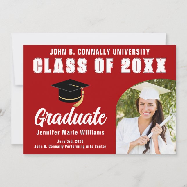 Red White Graduate Custom Graduation Photo Arch Announcement (Front)