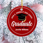 Red White Graduate Modern 2025 Custom Graduation Ceramic Ornament<br><div class="desc">This modern red and white custom senior graduate Christmas ornament features your high school or college name for the class of 2025. Customize with your graduating year under the chic handwritten script and black grad cap for a great personalized graduation gift.</div>
