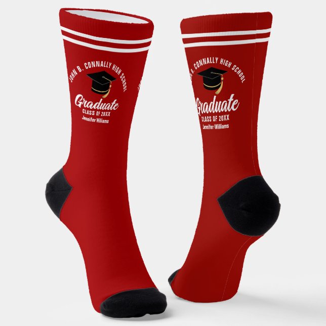 Red White Graduate Personalized Graduation Socks (Angled)