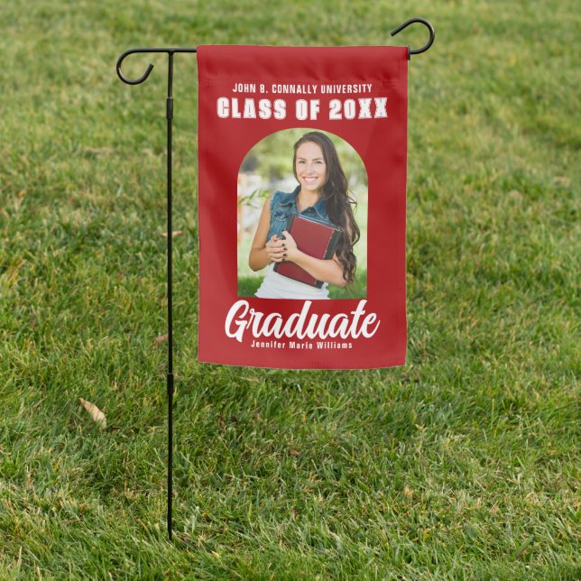 Red White Graduate Photo Arch Modern Graduation Garden Flag (In SItu)