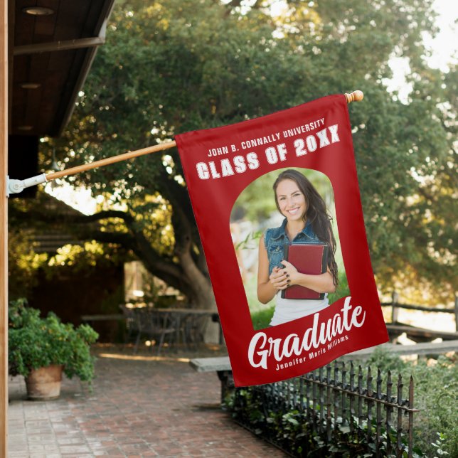 Red White Graduate Photo Arch Modern Graduation House Flag (In SItu)