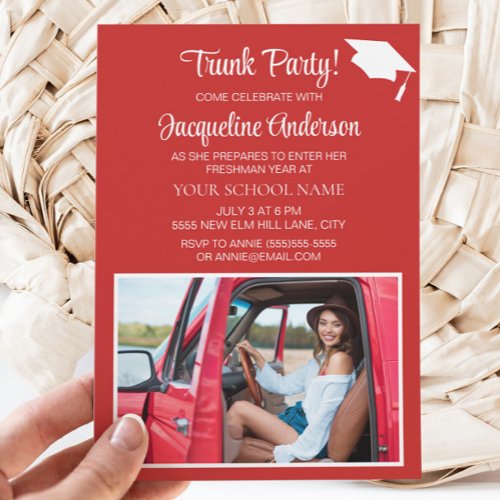 Red White Graduation Cap College Trunk Party Photo Invitation