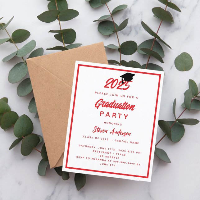 Red white Graduation Party 2025 invitation (Creator Uploaded)