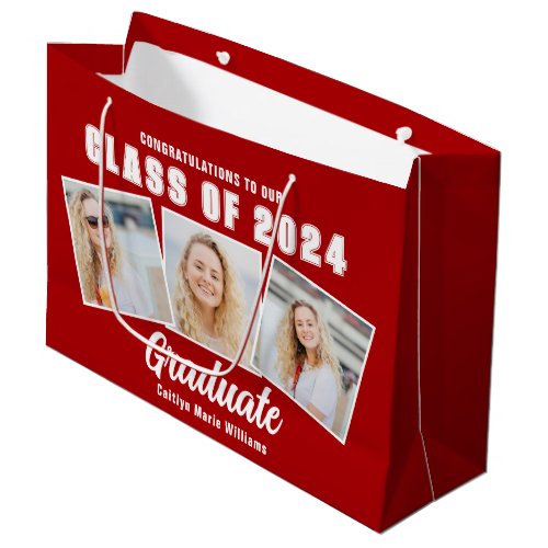 Red White Graduation Photo Collage 2024 Graduate Large Gift Bag