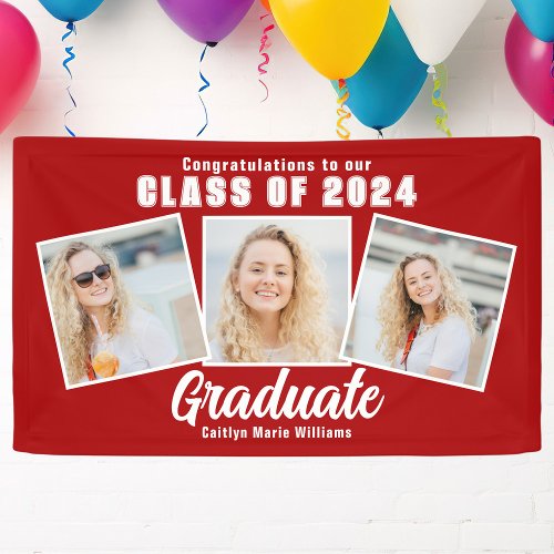 Red White Graduation Photo Collage 2024 Party Banner