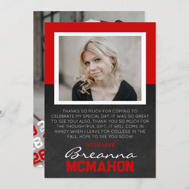 Red & White Graduation Photo Thank You Card (Creator Uploaded)