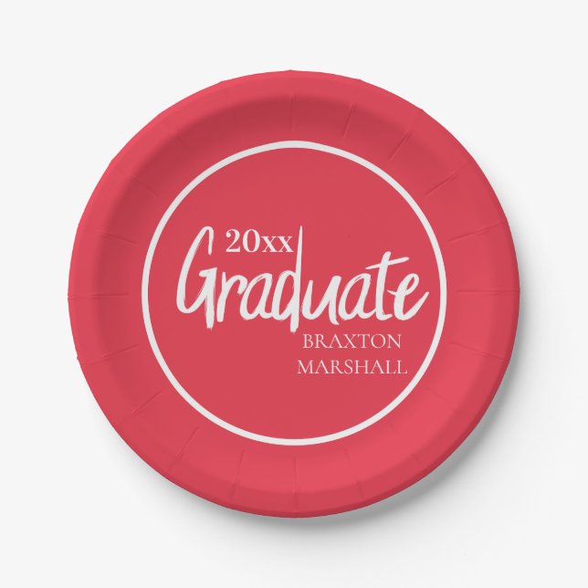 Red White Graduation Year Name Paper Plates (Front)